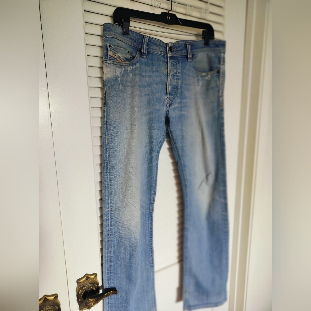 Diesel Viker Men's Jeans 32x32 Button Fly Regular Straight Light Wash Distressed